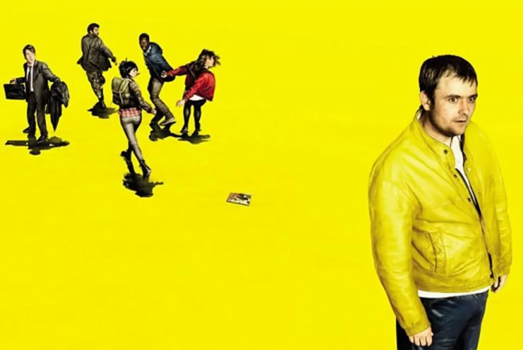 Affiche de la série Utopia, On y voit un fond jaune, un groupe de gens fuit quelque chose ou quelqu'un, au premier plan un homme en jaune à le regard perdu.
