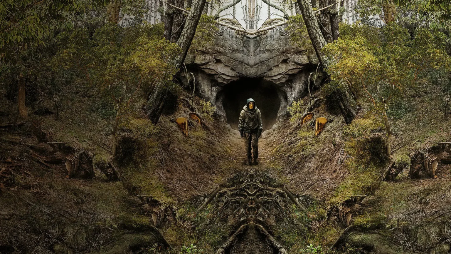 Image tirée de la série Dark, Yonas sort d'une grotte en pleine forêt.