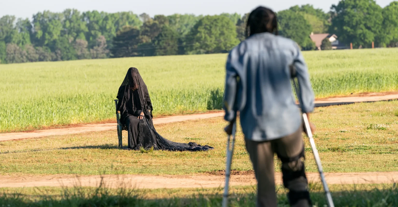 On y aperçoit une femme de dos et en béquille, qui regarde au loin une femme toute drapée de noire, assise en plein milieu du jardin.