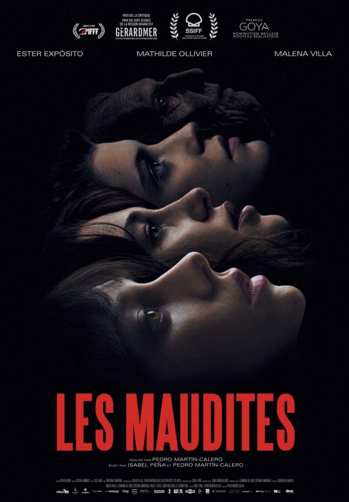 Affiche du film les maudites, on y voit 3 visage de film qui se succédèrent horizontalement, et un 4éme qui est celui d'un vieillard.