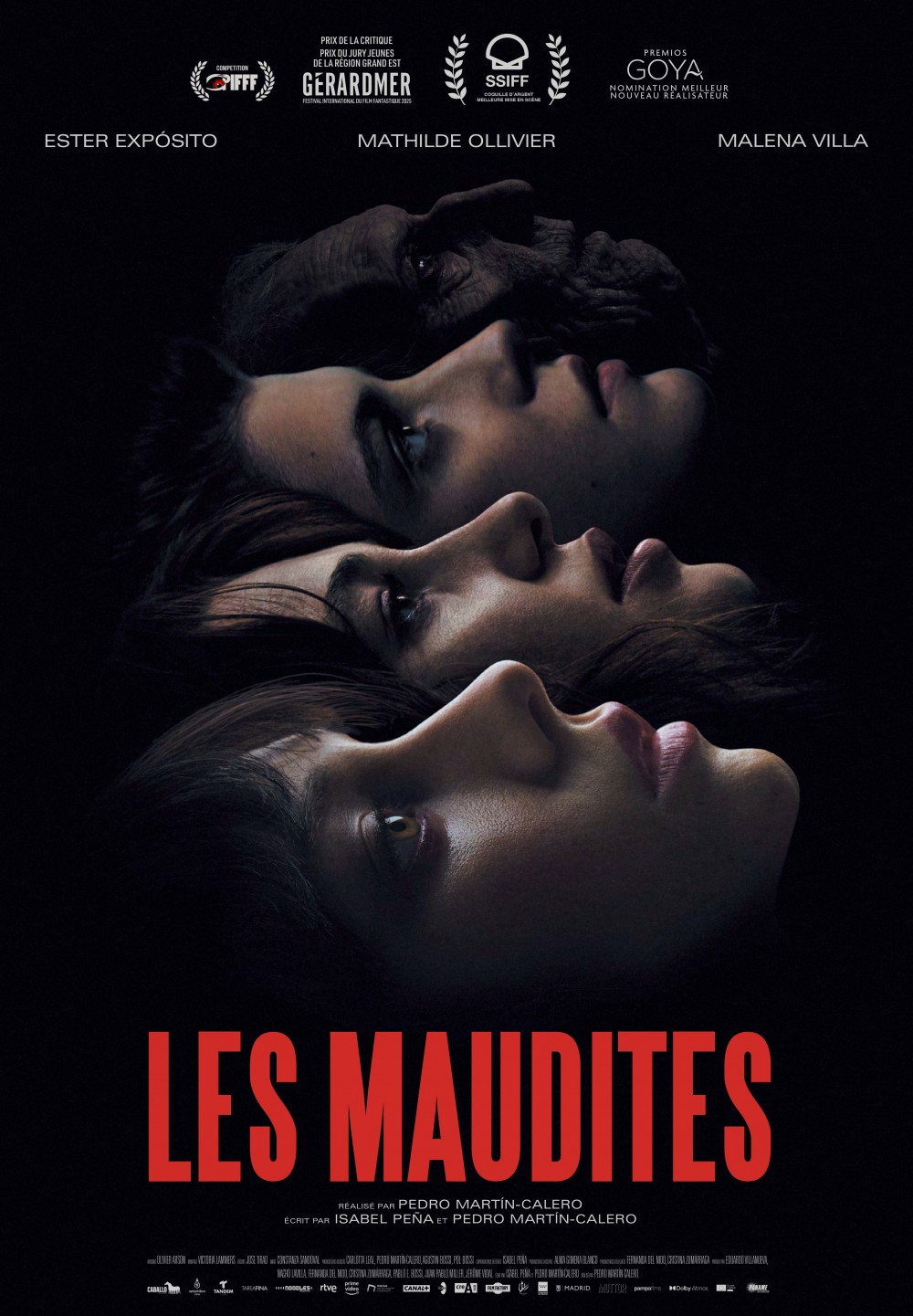 Affiche du film les maudites, on y voit 3 visage de film qui se succédèrent horizontalement, et un 4éme qui est celui d'un vieillard.