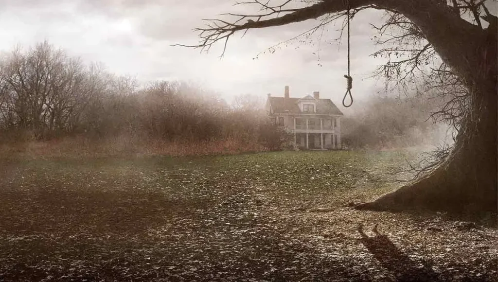 Une grande maison dans le fond d'un immense jardin envahi par la brume, un arbre lugubre est au premier plan, une corde pour se pendre est suspendue à une longue branche. Le grain de l'image et les couleurs ternes lui donne un côté vintage.