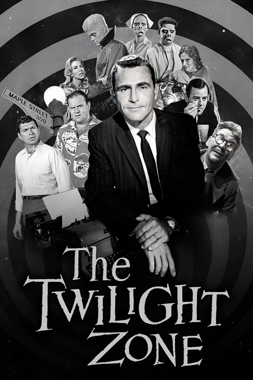 Affiche de la série The Twilight Zone de 1959, avec Rod Serling au premier plan et son cortège de personnages étranges à l'arrière.
