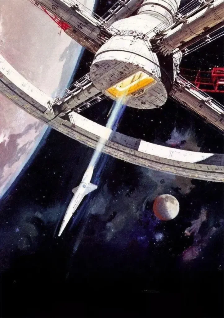 Affiche du film l'Odyssée de l'Espace de Kubrick, représentant la proue du vaisseau Discovery.