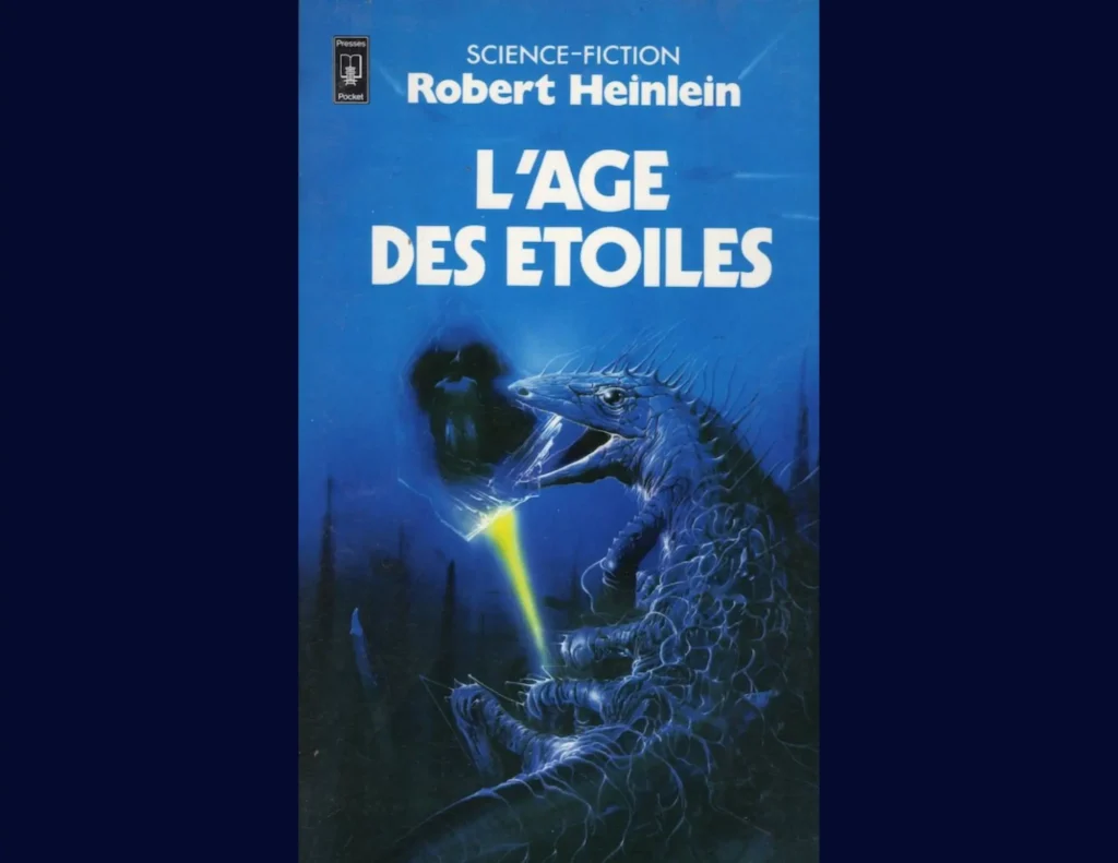 Une créature ressemblant à un crocodile bizarre regarde une bule cosmique apparaitre avec des hommes à l'intérieur. Illustration de L'âge des étoiles de Robert Heinlein