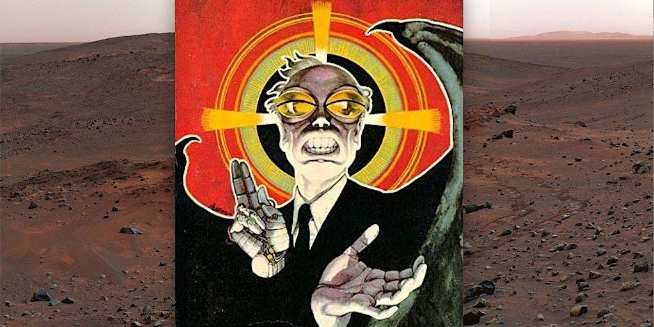 couverture d'un livre où l'on voit un homme avec une main mécanique, des yeux métalliques et des dents argentés ainsi que des ailes démoniaques. Illustration du Dieu venu de Centaure de Philip K. Dick