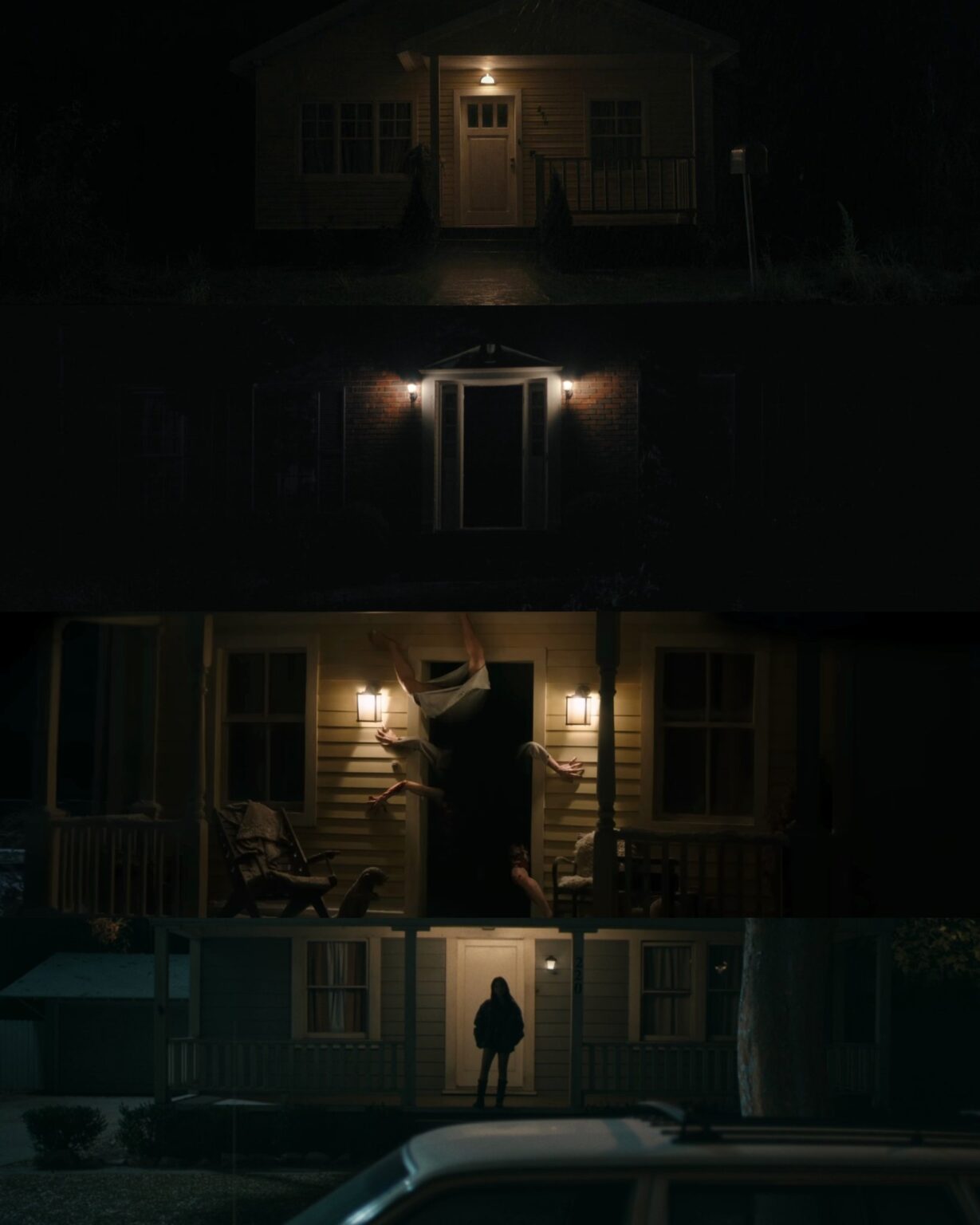 4 image superposée montrant des portes d'entrée éclairée dans la nuit. Sur la première image une femme se tient devant, sur la deuxième une créature ayant de très nombreux membres émanent du seuil de la porte.