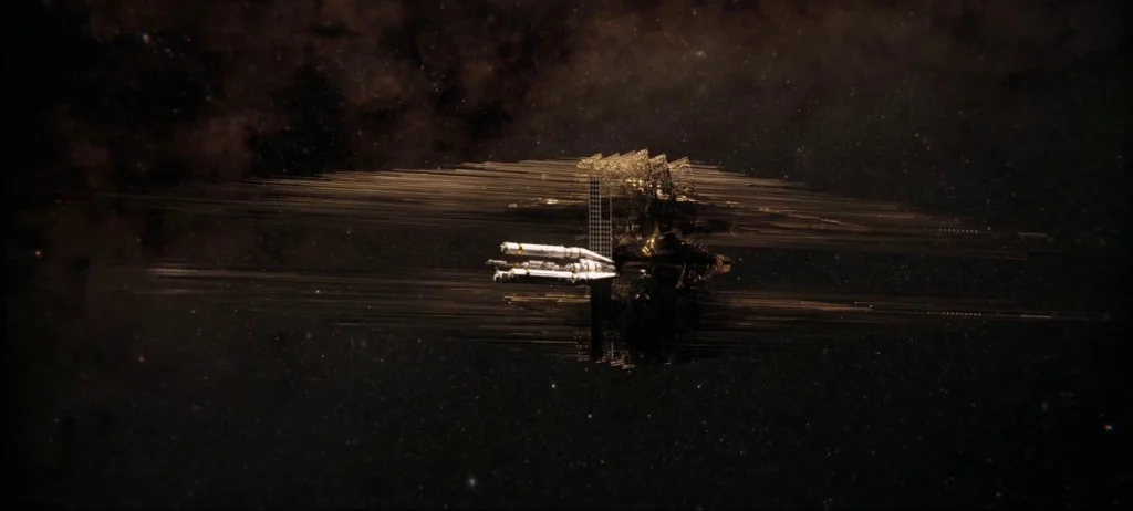 Deux vaisseaux spatiaux se superposant, celui à l'arrière semble immense et ressemble à une cathédrale horizontal. Image tirée du film Le projet dernière chance (2026)