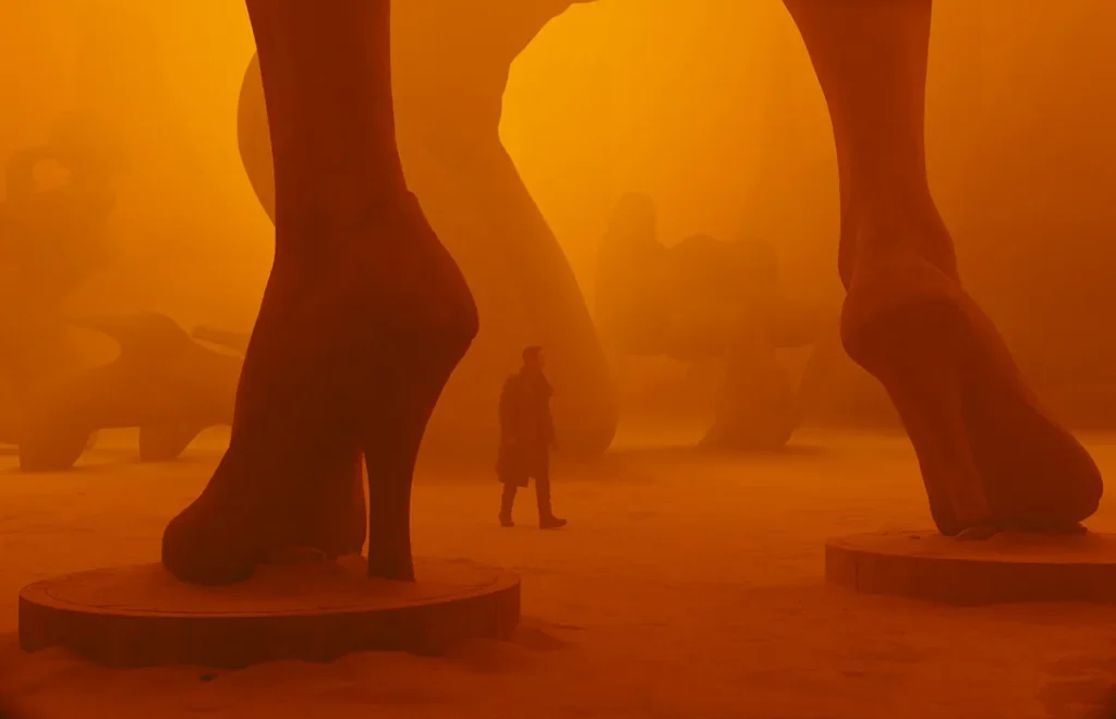 Un homme marche dans une ville poussière est vide, entre les immenses jambes de statues de femmes. Images tirée du film Blade Runnder 2049.