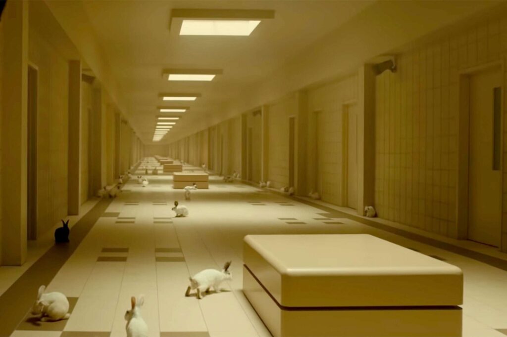 Un couloir vide aux lumières jaunes avec des lapins partout. image tirée du film US de Jordan Peele.